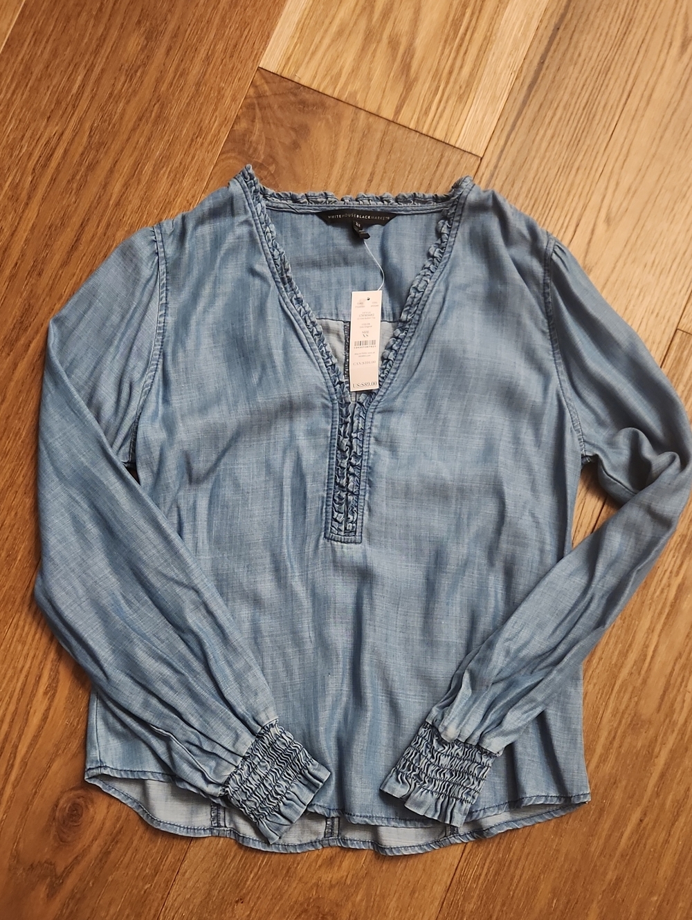 White House Black Market Light Blue V-Neck Ruffle Trim Long-Sleeve Top